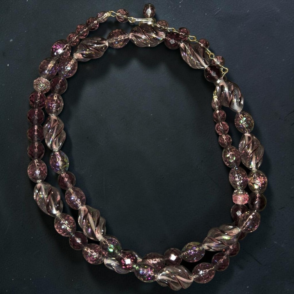 Vintage Purple Iridescent Art Glass Opera Length Necklace 28"–30"